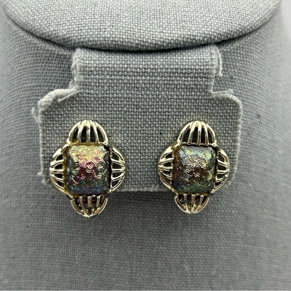 Vintage Silver Tone Iridescent Faux Stone Clip On Earrings - Picture 1 of 8